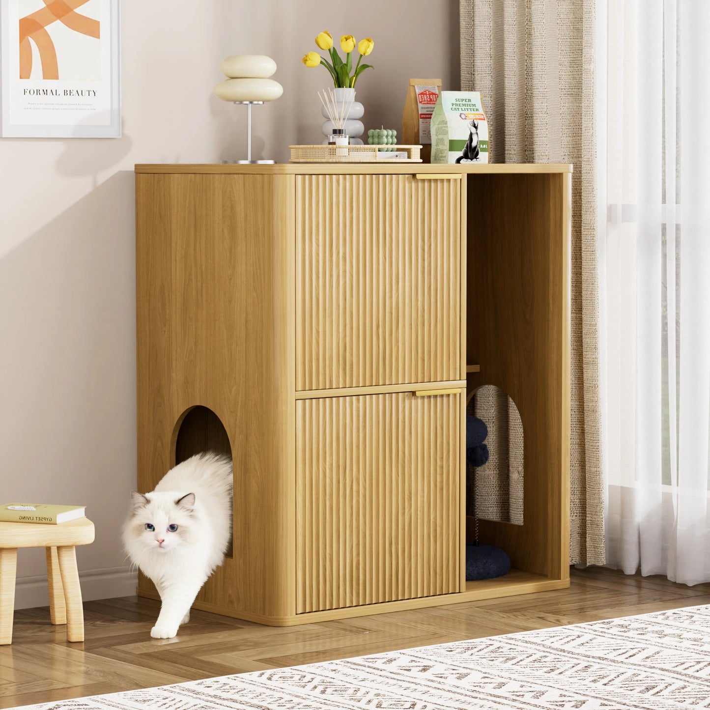 Modern Cat Litter Cabinet With Integrated Tree And Storage Shelves