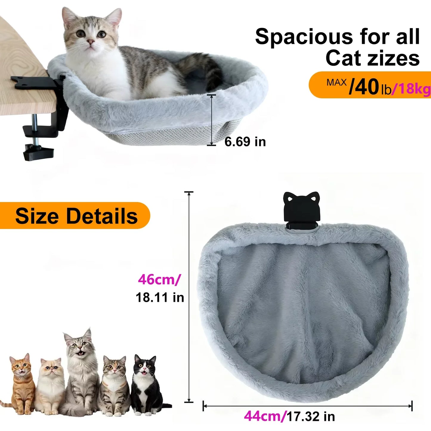 CWV Foldable Cat Desk Bed Hammock With Secure Mount