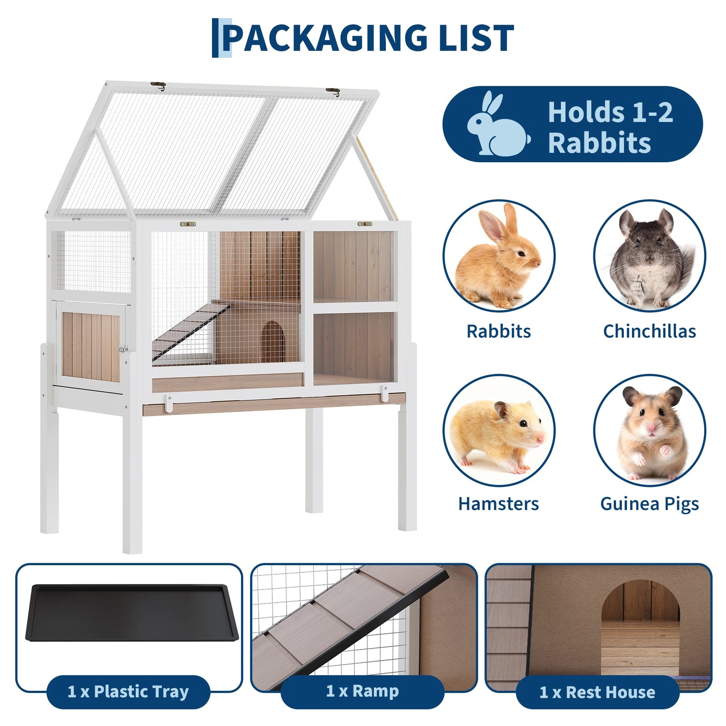 HiMiss Wooden Guinea Pig Cage With Stand, 2-Story Rabbit Hutch