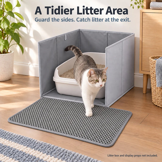 Foldable Cat Litter Box With Splash Guard And Litter Mat