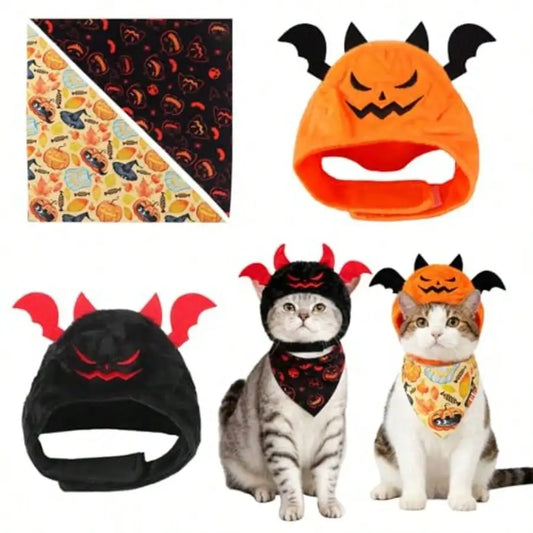 4Pcs Halloween Pet Costumes With Cat Pumpkin Bat And Scarves