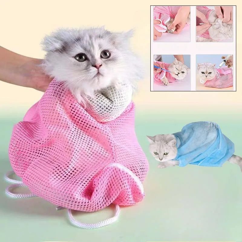 Mesh Cat Grooming Bath Bag With Anti Scratch Restraint Sleeve