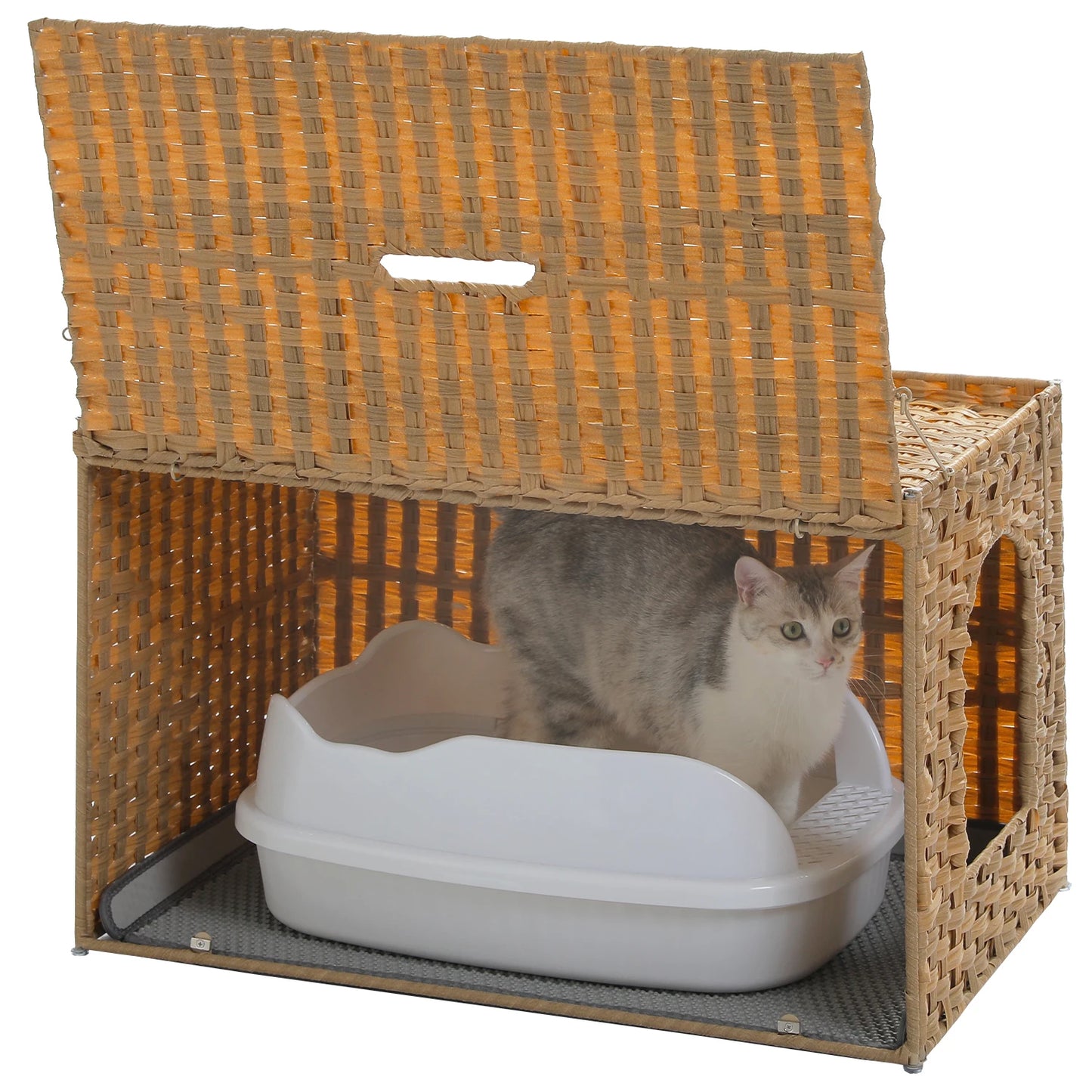 Pequulti Rattan Cat Litter Box Enclosure With Flip Top Design