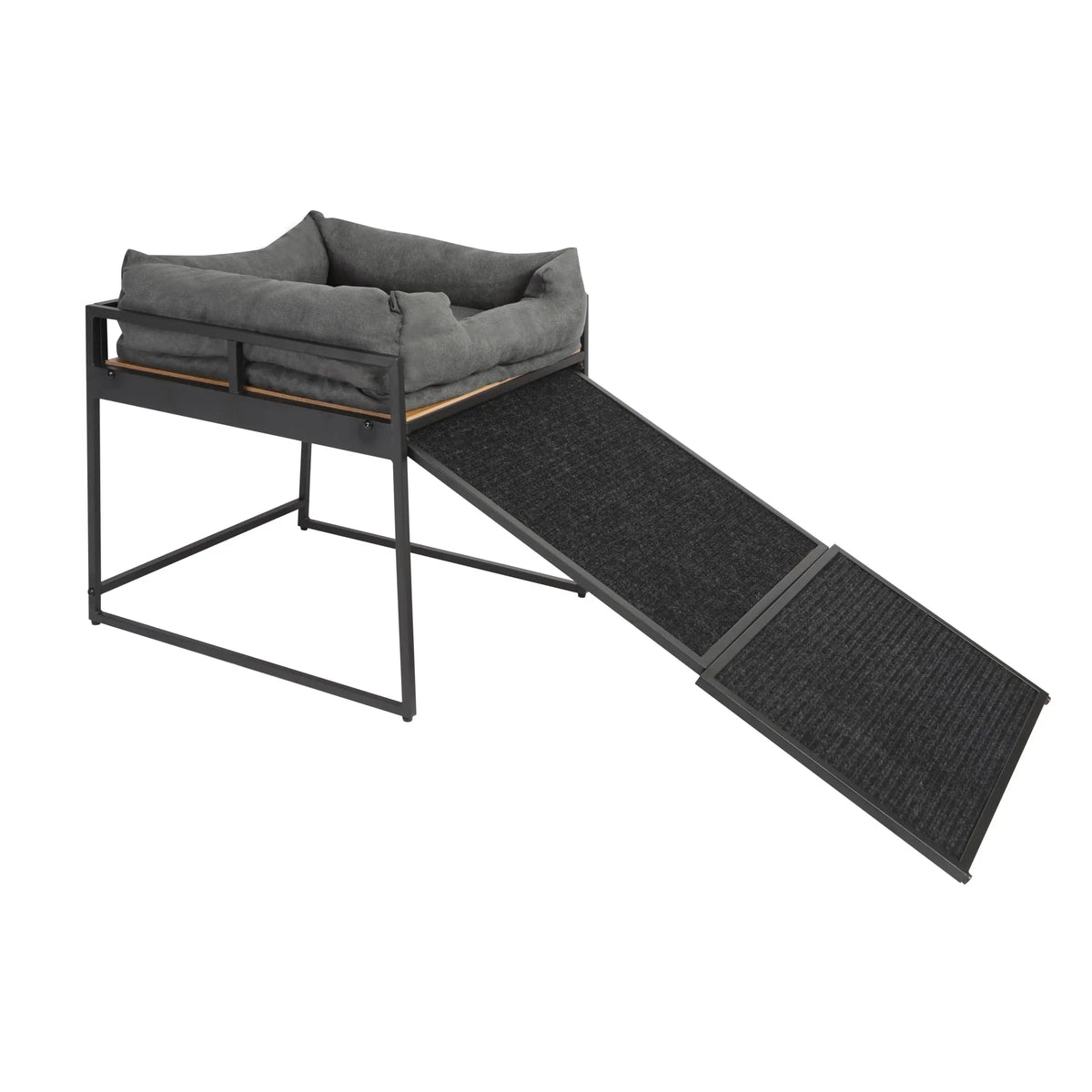 Elevated Pet Bed Ramp With Non Slip Access And Bolster Cushion