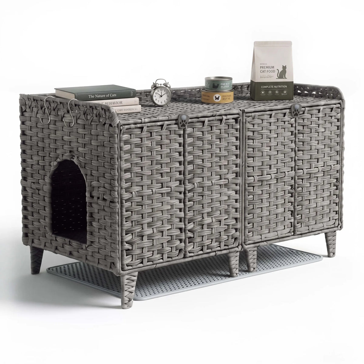 Rattan Cat Litter Box Enclosure Cabinet With Airflow Vents