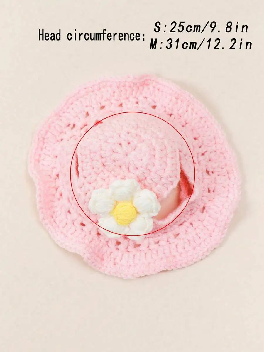 Knitted Warm Pet Hat With Delicate Floral Trim For Pets