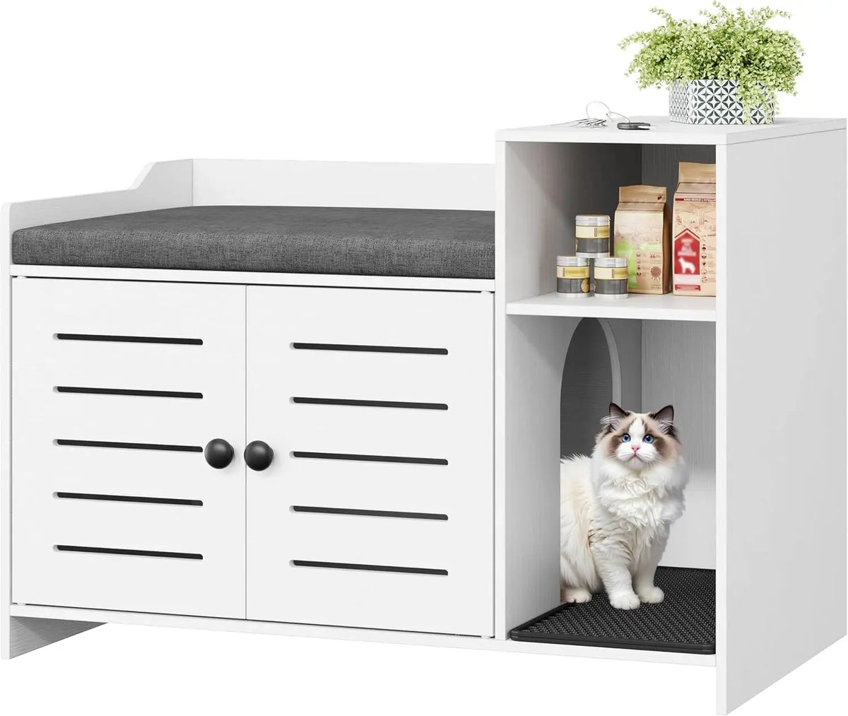 Farmhouse Cat Litter Box Enclosure With Storage And Scratch Pad