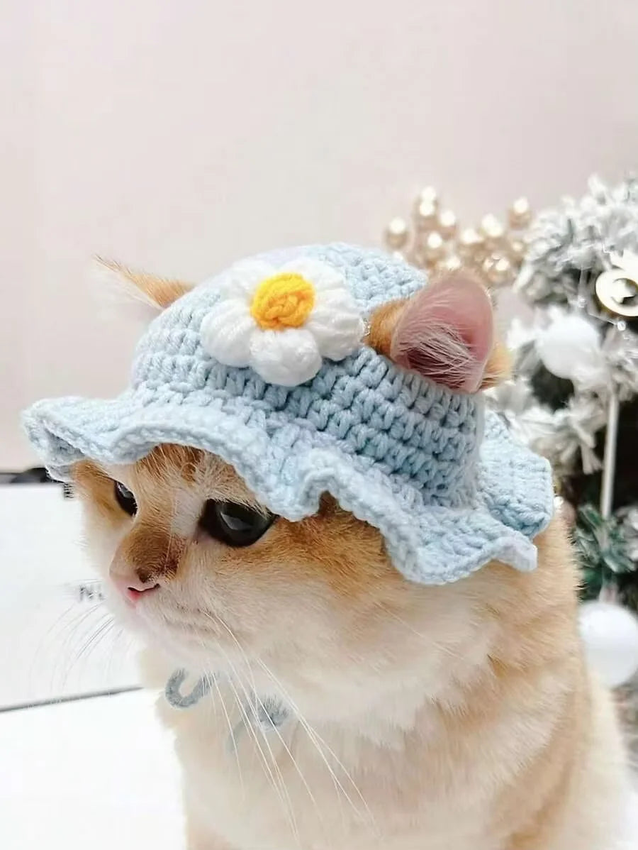 Knitted Warm Pet Hat With Delicate Floral Trim For Pets