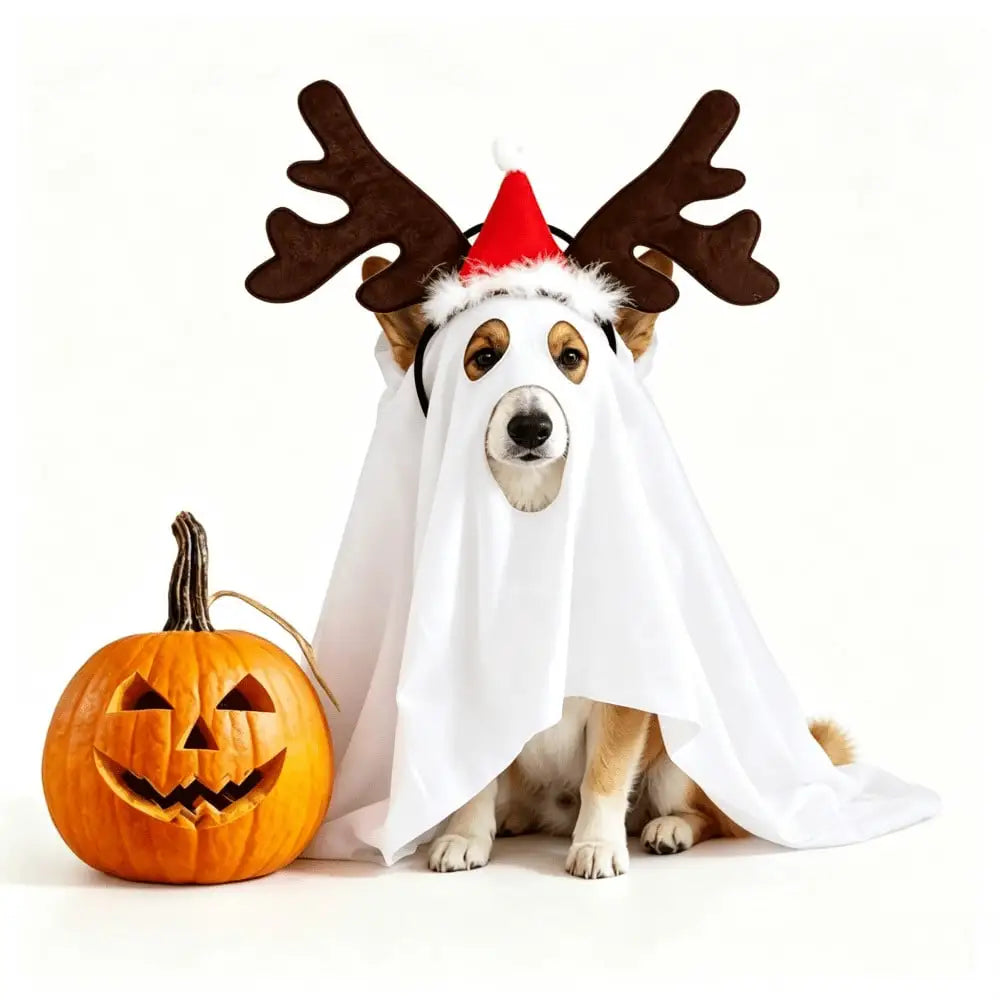 Halloween Ghost Pet Cape Reindeer Antlers Headband Costume Set