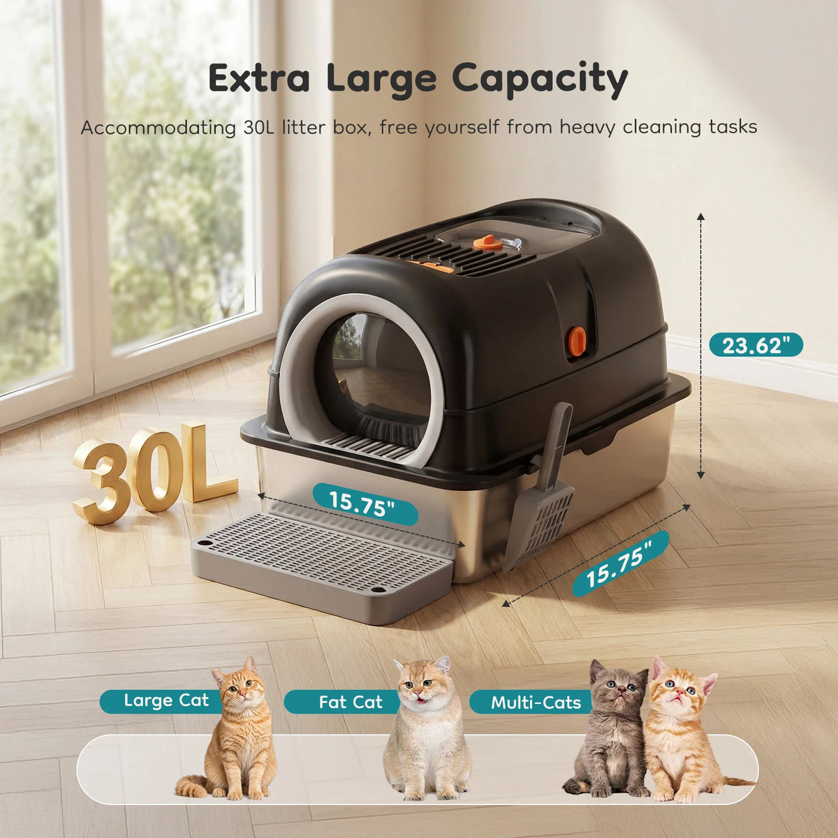 Fully Enclosed Stainless Steel Cat Litter Box With Scoop