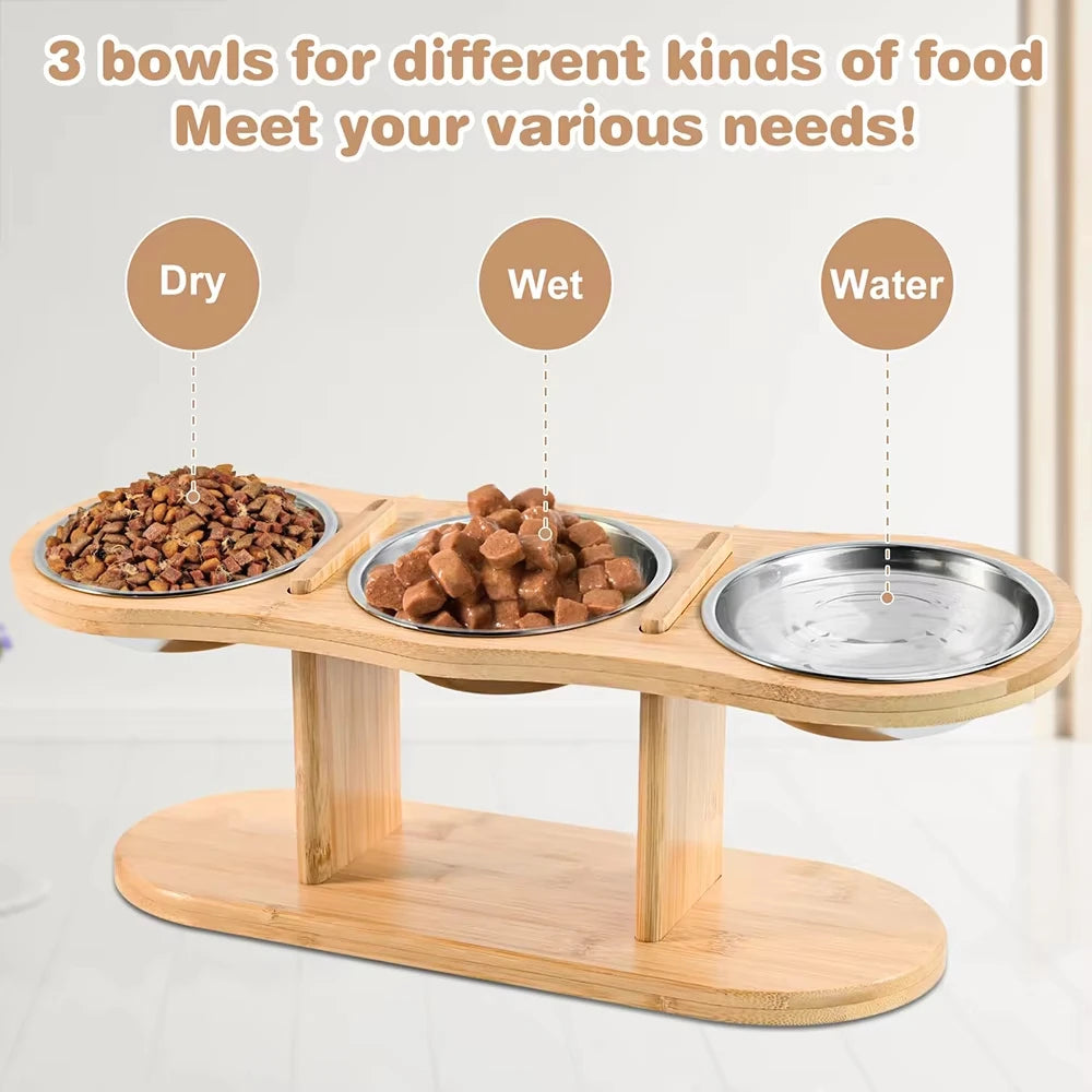 Elevated Wooden Cat Feeder With Three Stainless Steel Bowls