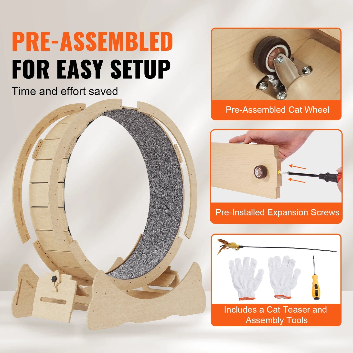 Wooden Indoor Cat Exercise Wheel With Carpet Surface And Teaser