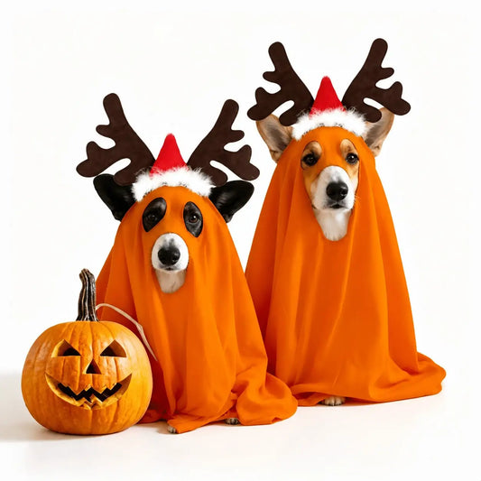 Halloween Ghost Pet Cape Reindeer Antlers Headband Costume Set