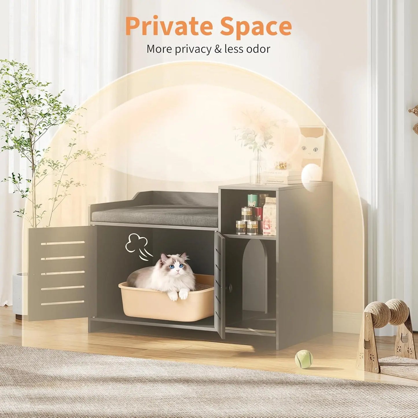 Farmhouse Cat Litter Box Enclosure With Storage And Scratch Pad