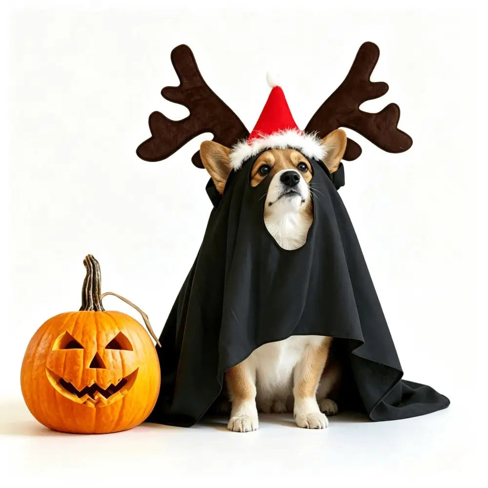 Halloween Ghost Pet Cape Reindeer Antlers Headband Costume Set