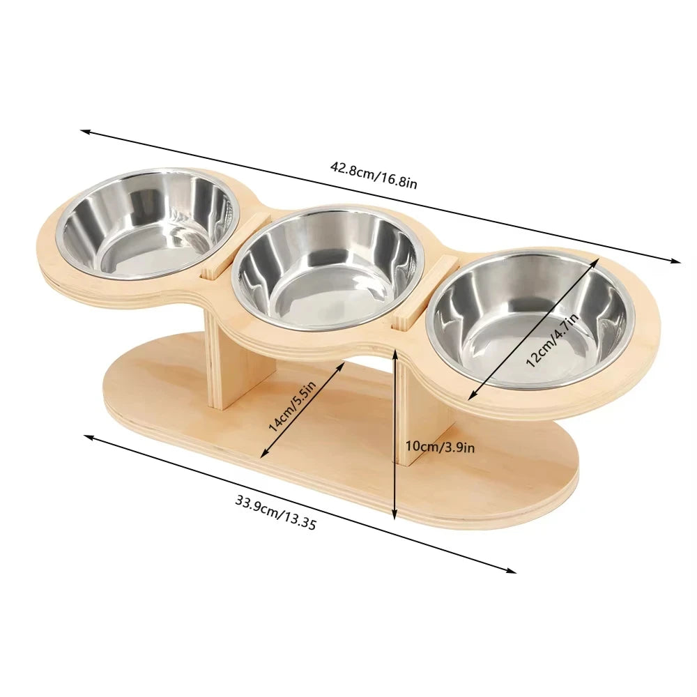 Elevated Wooden Cat Feeder With Three Stainless Steel Bowls