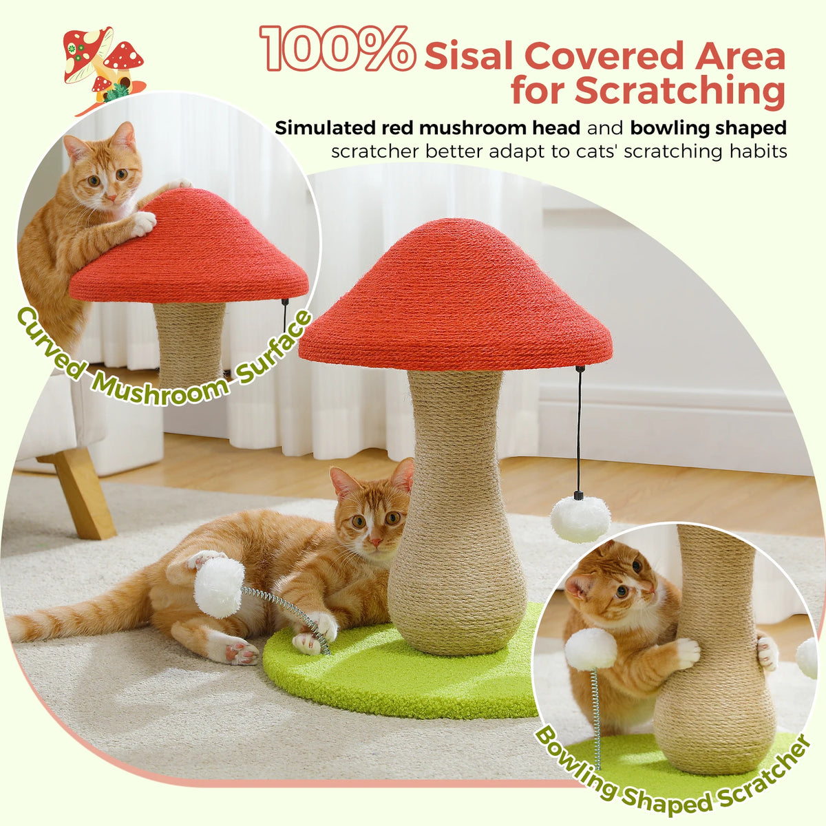 PAWZ Road Mushroom Cat Scratching Post With Sisal Wrap And Pompom