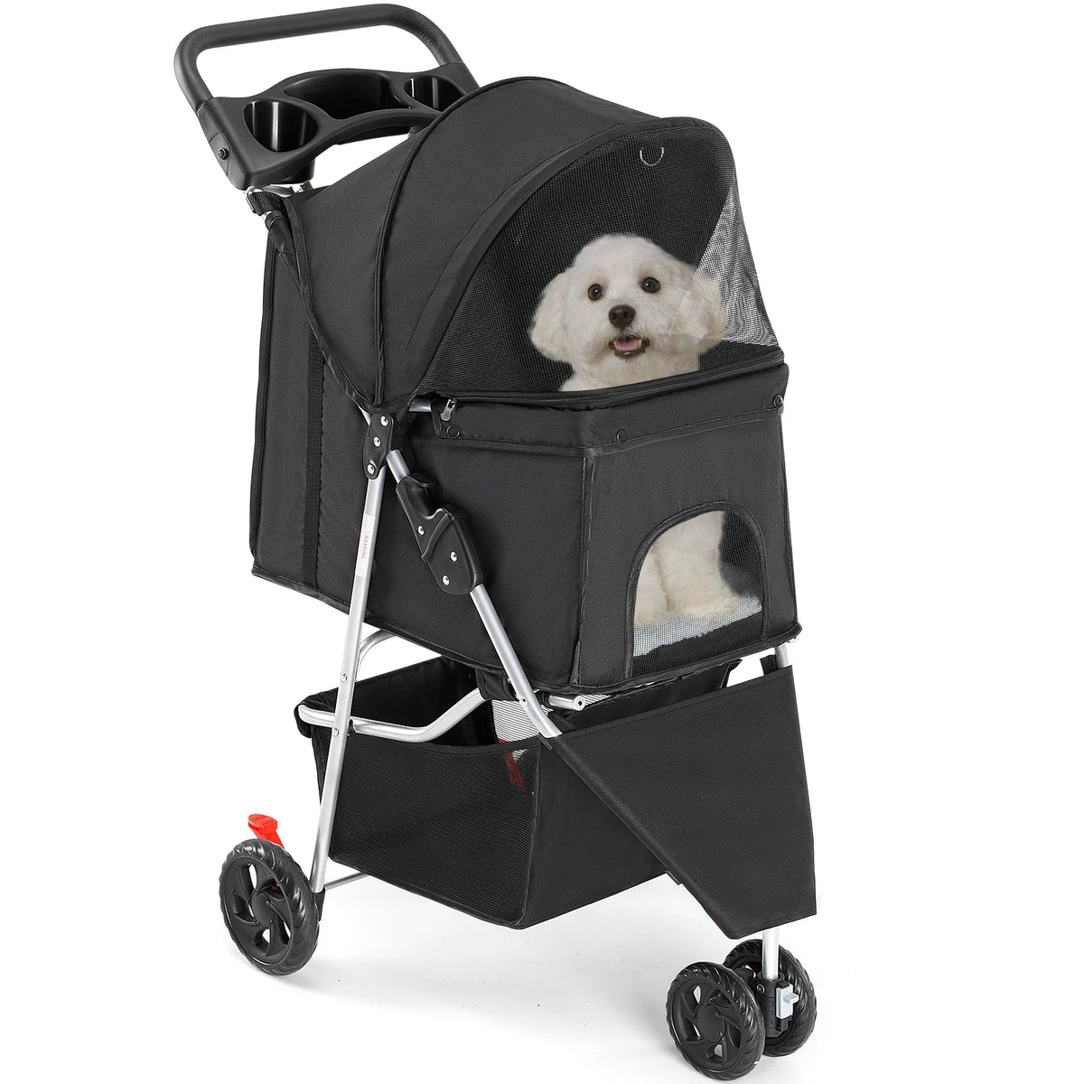 Foldable Three Wheel Pet Stroller With Mesh Vents Storage Basket