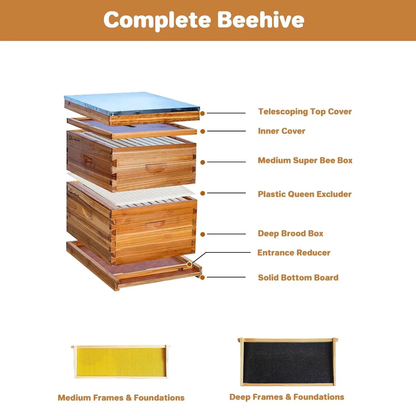 HiMISS 10 Frame Beehive Kit With Wax Coated Foundations