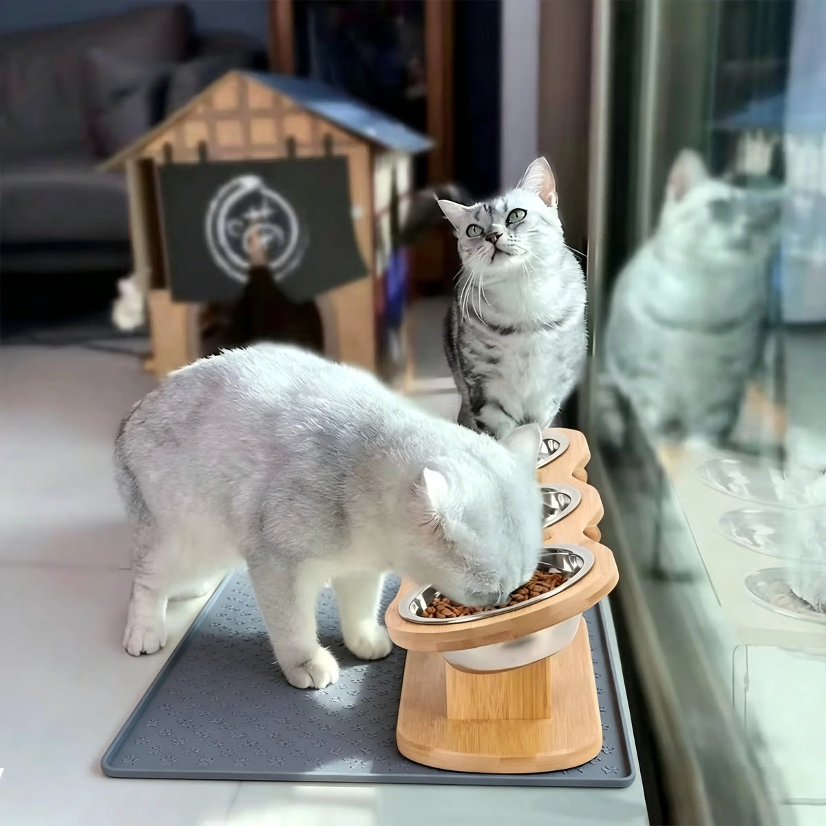 Elevated Wooden Cat Feeder With Three Stainless Steel Bowls