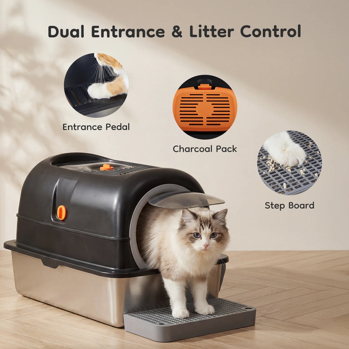 Fully Enclosed Stainless Steel Cat Litter Box With Scoop