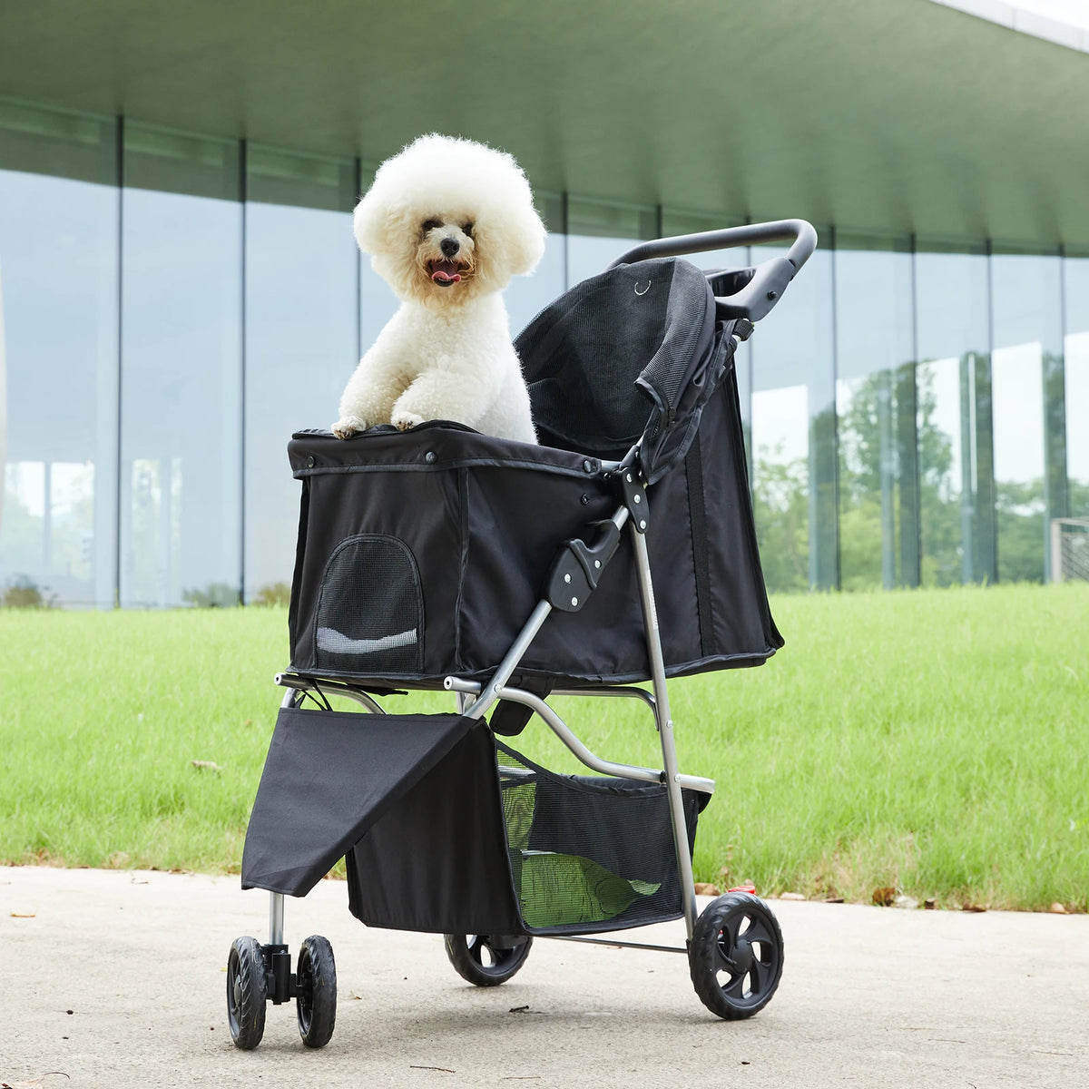 Foldable Three Wheel Pet Stroller With Mesh Vents Storage Basket
