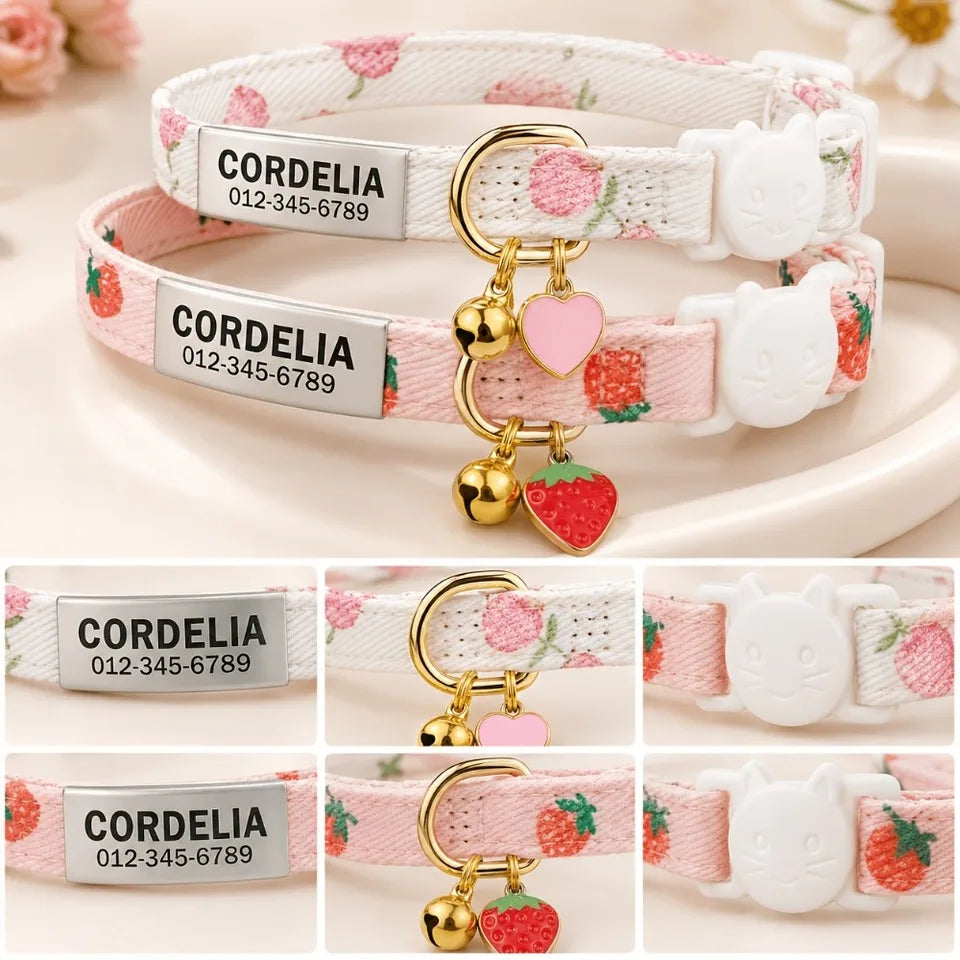 Personalized Engravable Dog Collar With Strawberry Heart Pattern ID Tag