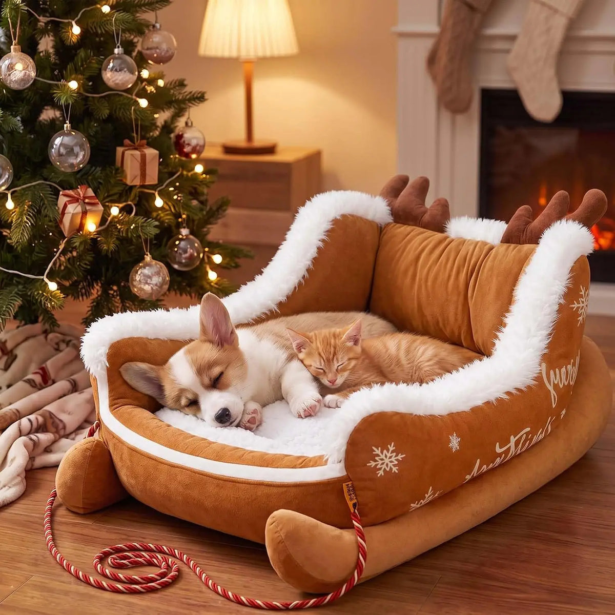 Christmas Dog Sleigh Bed With Soft Plush Calming Raised Sides