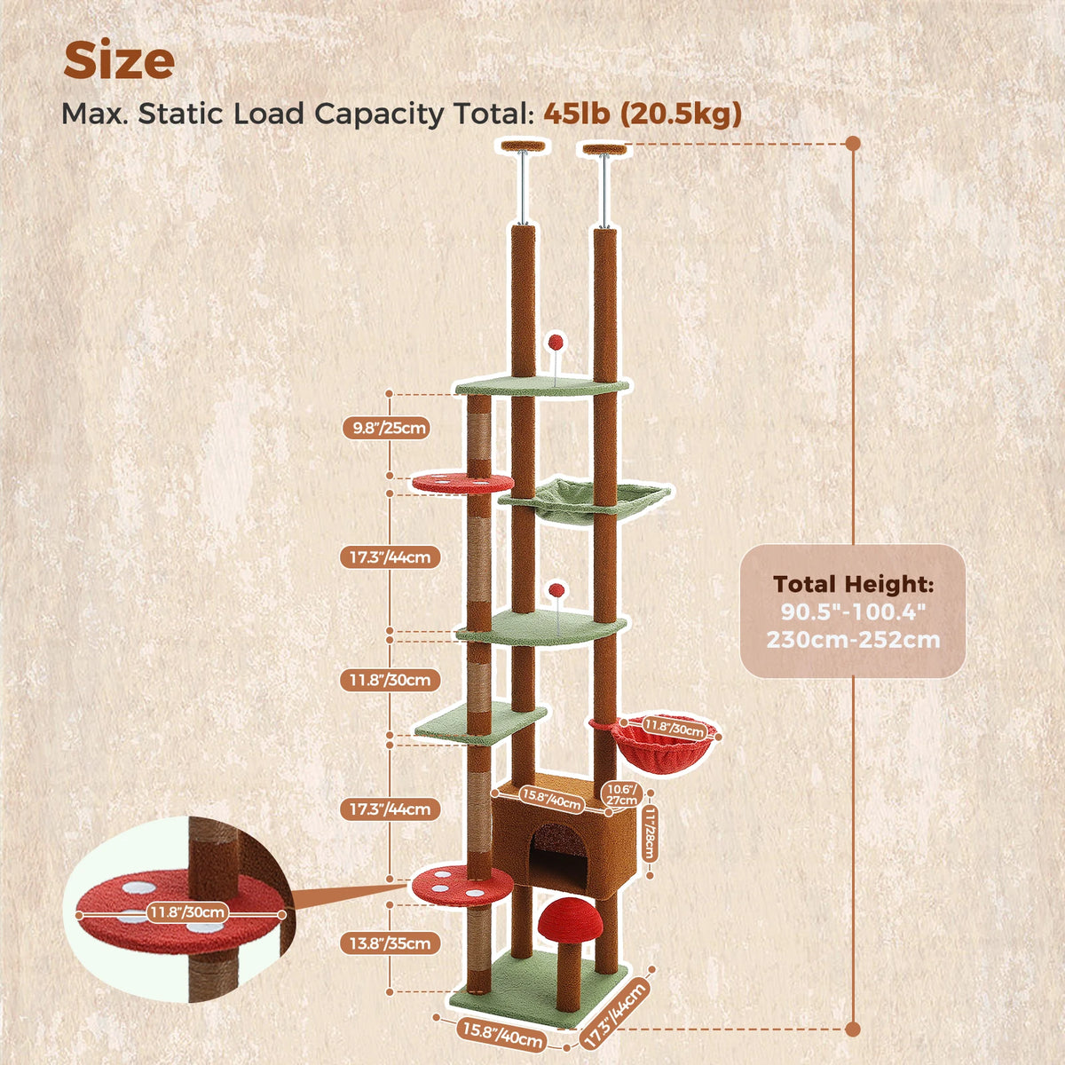 PAWZ Road Adjustable Height Cat Tree With Sisal Scratching Posts