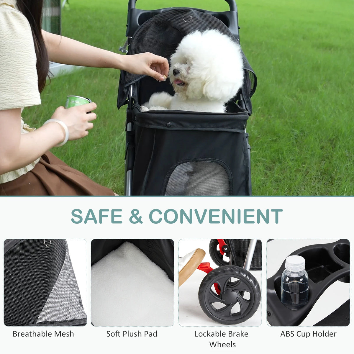 Foldable Three Wheel Pet Stroller With Mesh Vents Storage Basket