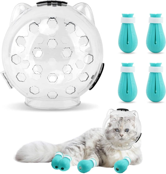 Cat Bubble Muzzle Anti Licking Grooming Helmet Plus Paw Shoes