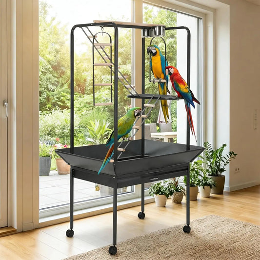 Rolling Bird Play Stand With Seed Guard Wheels And Ladders