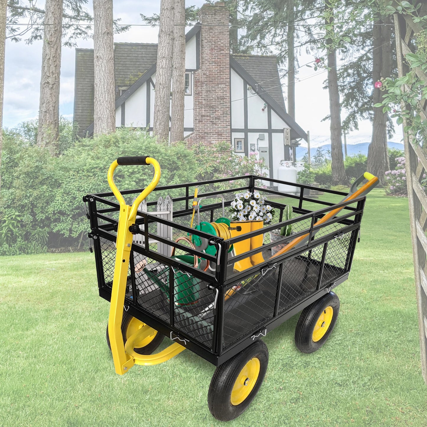 Heavy Duty Steel Garden Utility Cart With Removable Mesh Sides