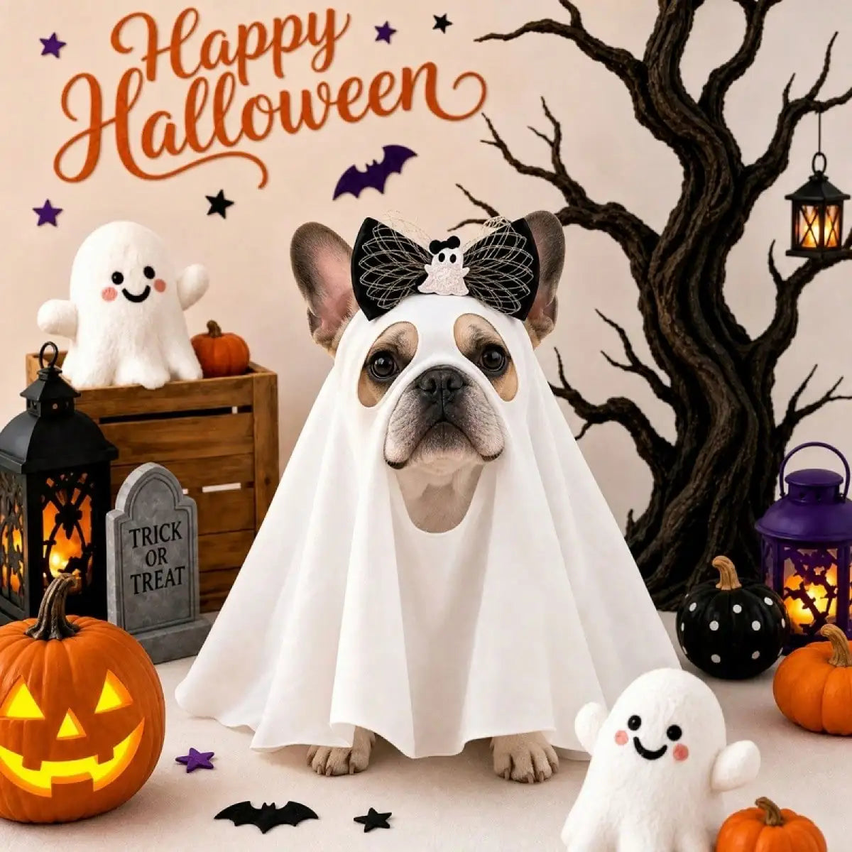 Funny Dog And Cat Halloween Ghost Costume With Bow