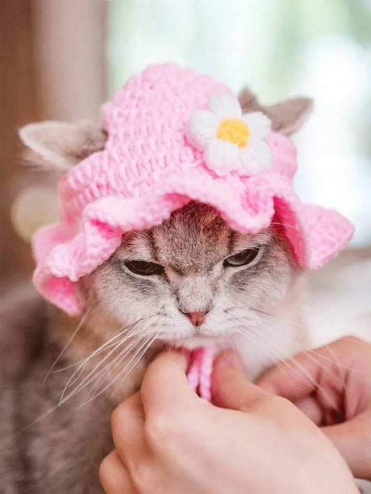 Knitted Warm Pet Hat With Delicate Floral Trim For Pets