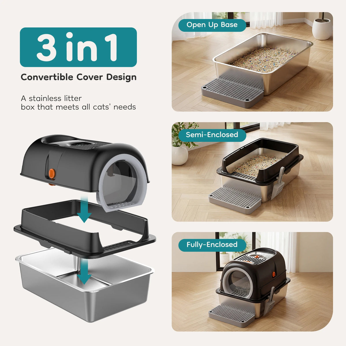 Fully Enclosed Stainless Steel Cat Litter Box With Scoop
