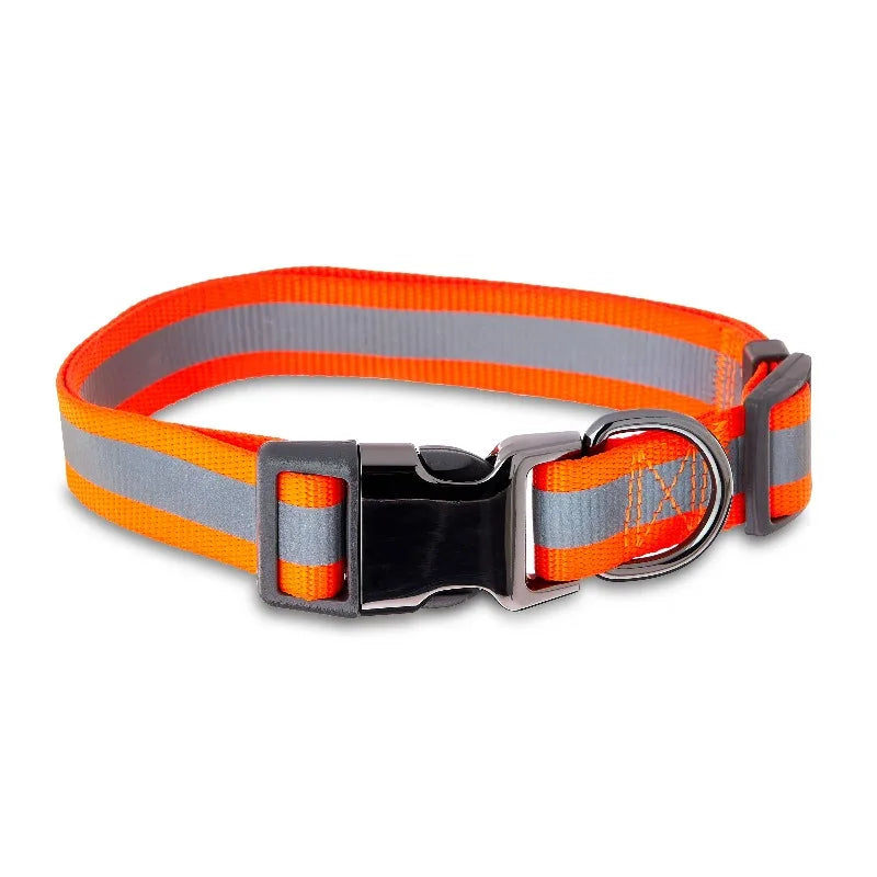 Durable Nylon Reflective Adjustable Dog Collar With Metal Hardware