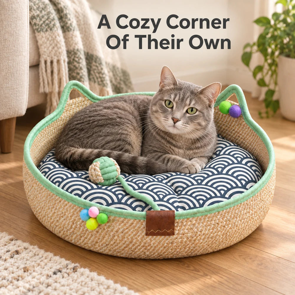 Round Woven Cat Bed With Ear Design Indoor Cat Lounger