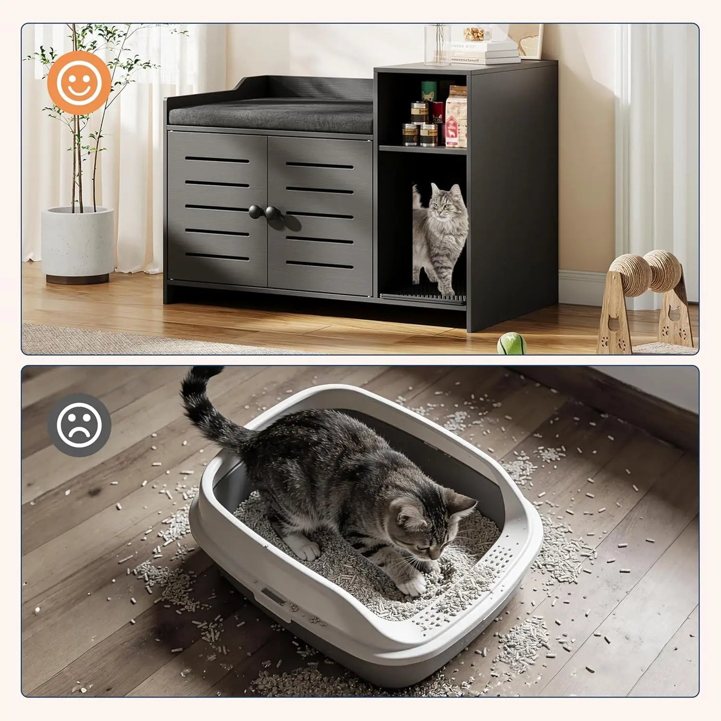 Farmhouse Cat Litter Box Enclosure With Storage And Scratch Pad