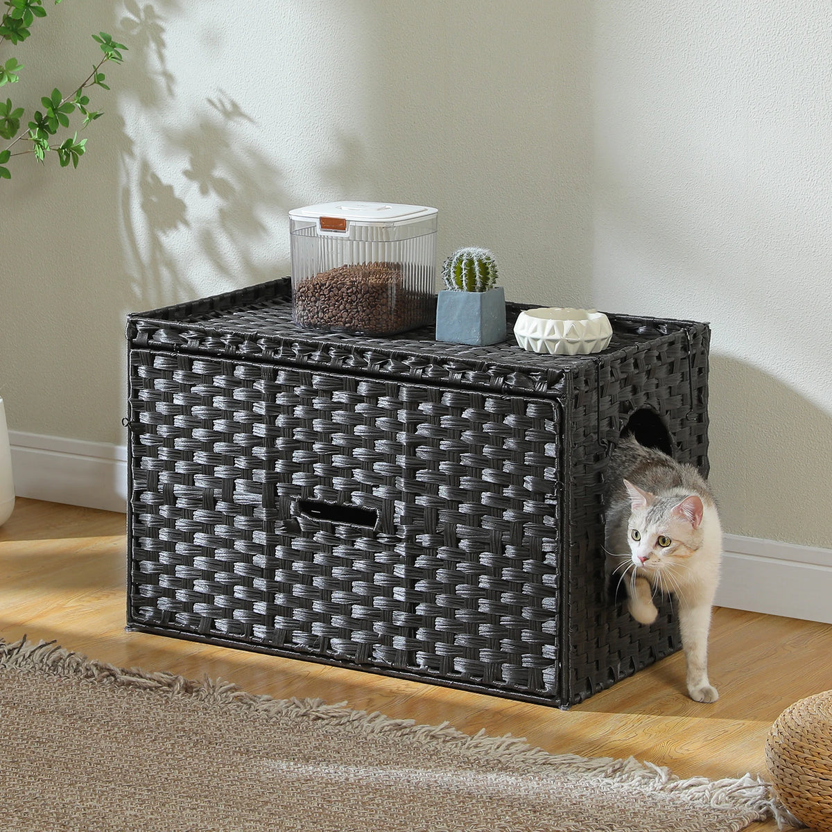 Pequulti Rattan Cat Litter Box Enclosure With Flip Top Design