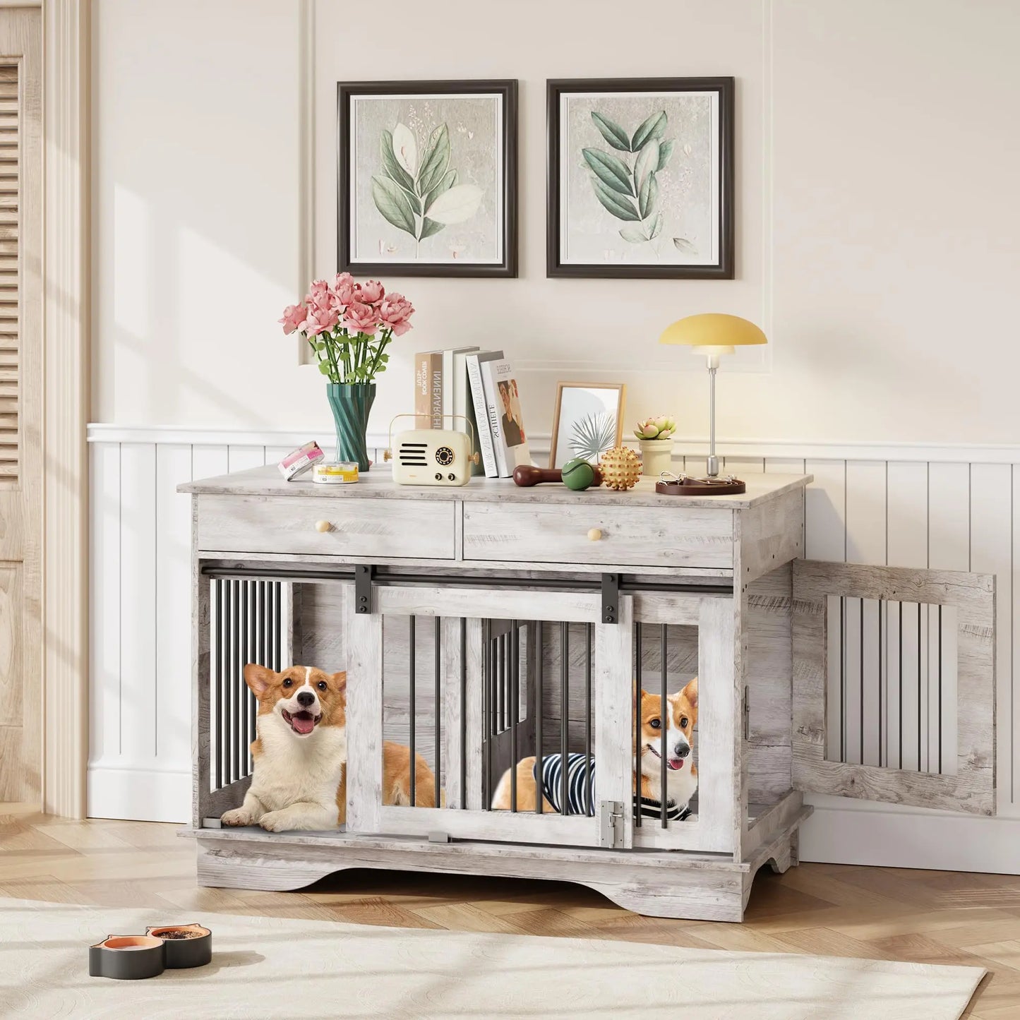 Durable Dog Crate Furniture With Storage And Removable Divider