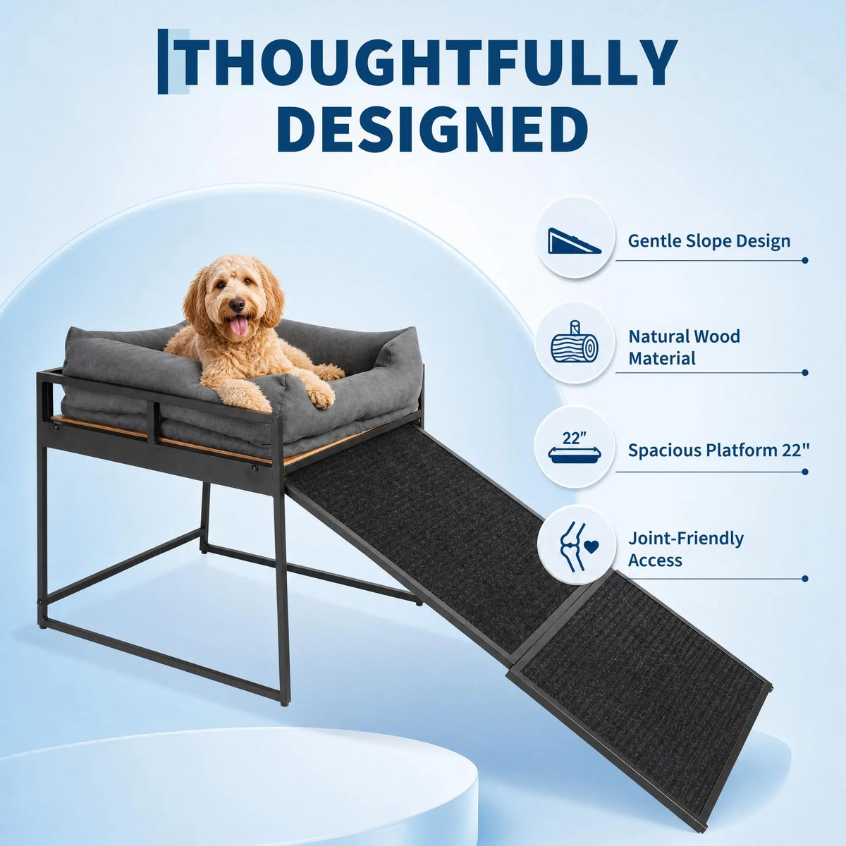 Elevated Pet Bed Ramp With Non Slip Access And Bolster Cushion