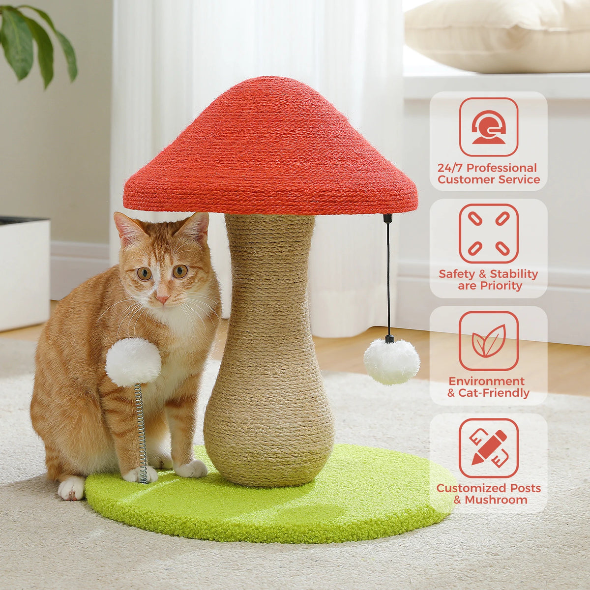 PAWZ Road Mushroom Cat Scratching Post With Sisal Wrap And Pompom