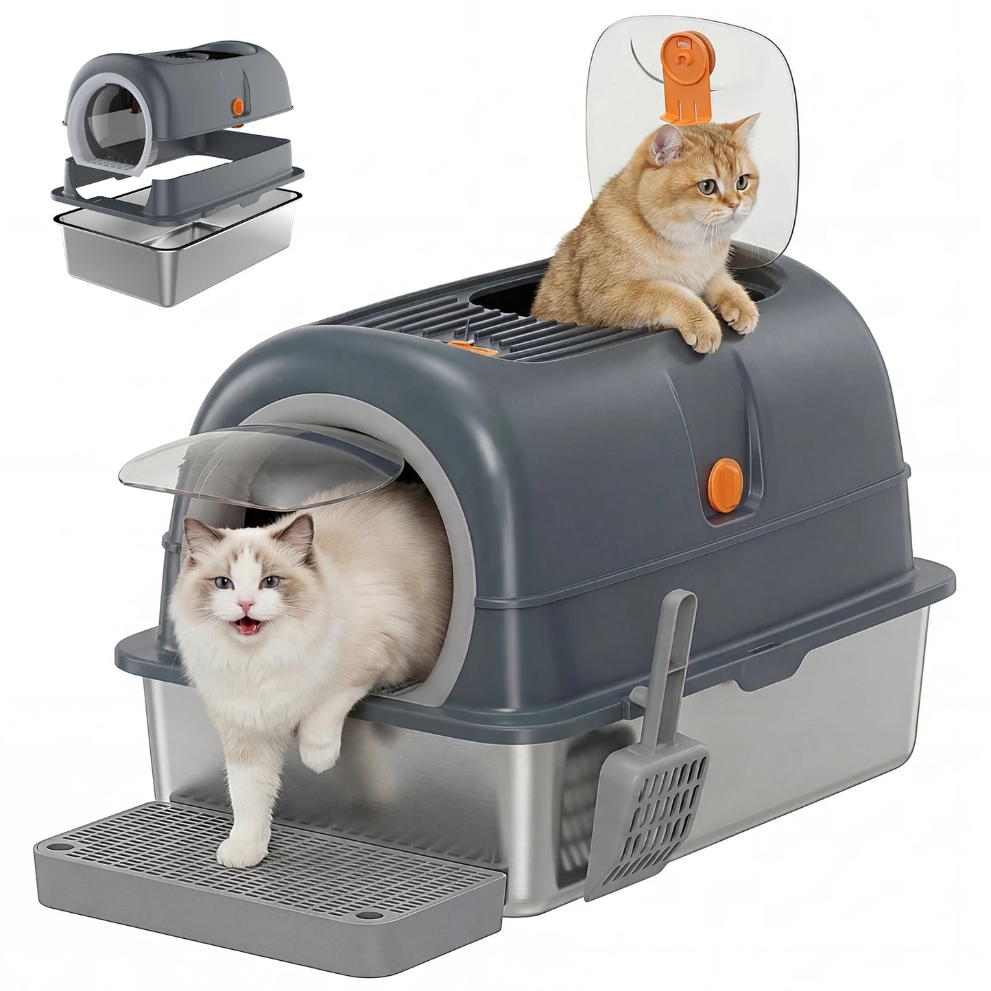 Fully Enclosed Stainless Steel Cat Litter Box With Scoop