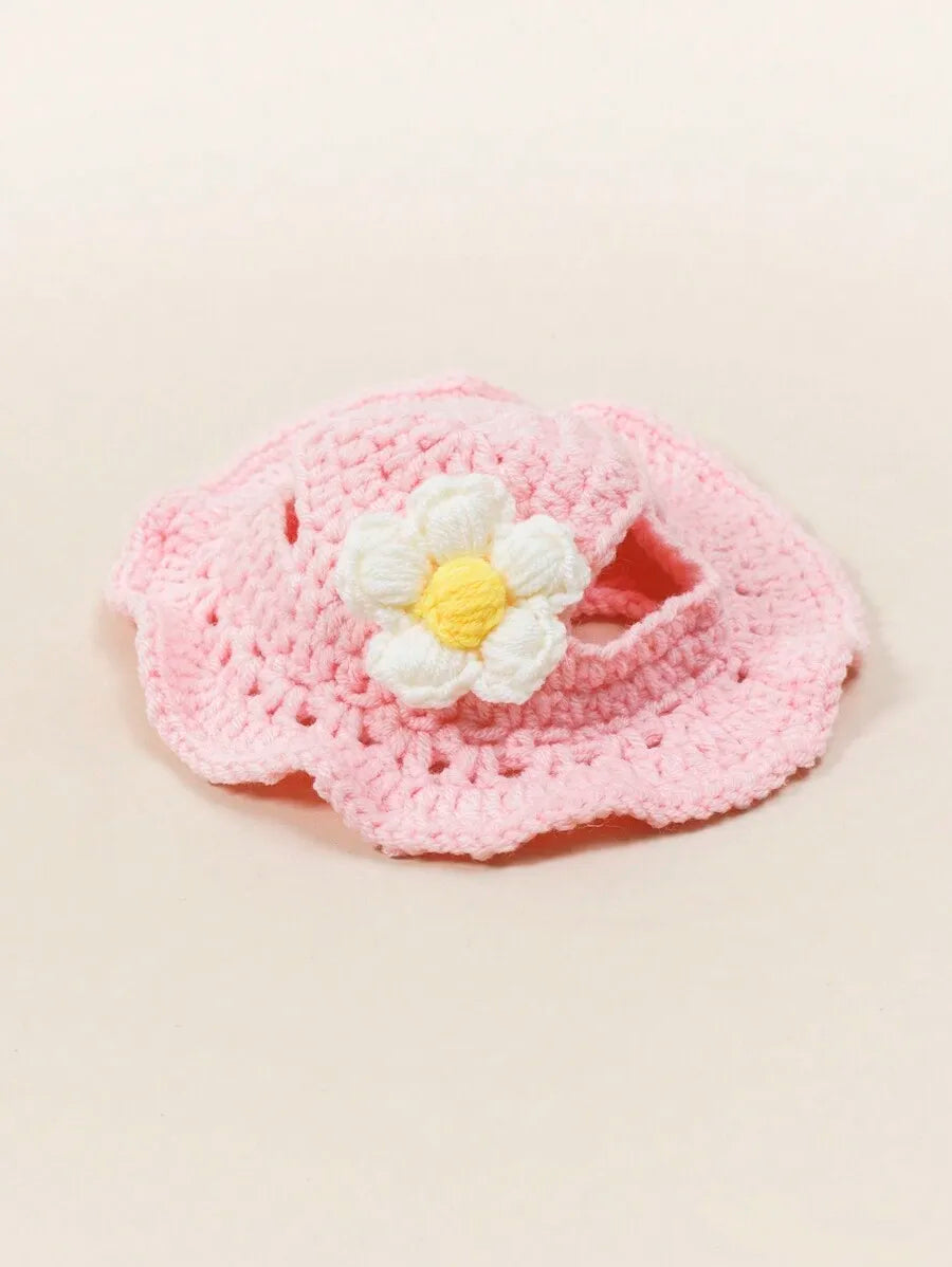 Knitted Warm Pet Hat With Delicate Floral Trim For Pets
