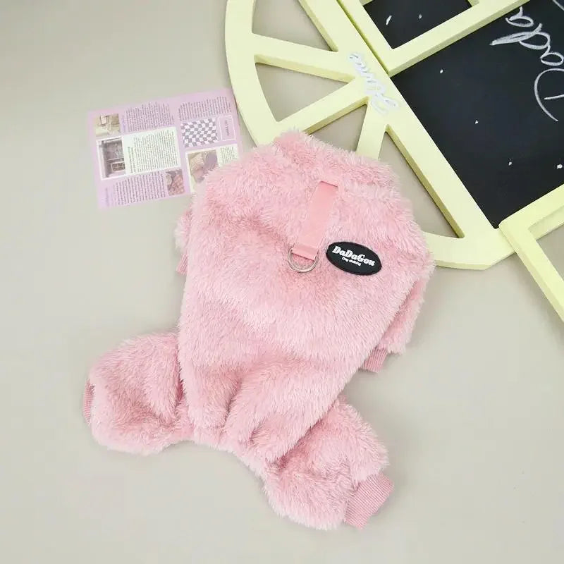 Warm Fleece Dog Jumpsuit With Pull Ring Pet Coat Apparel