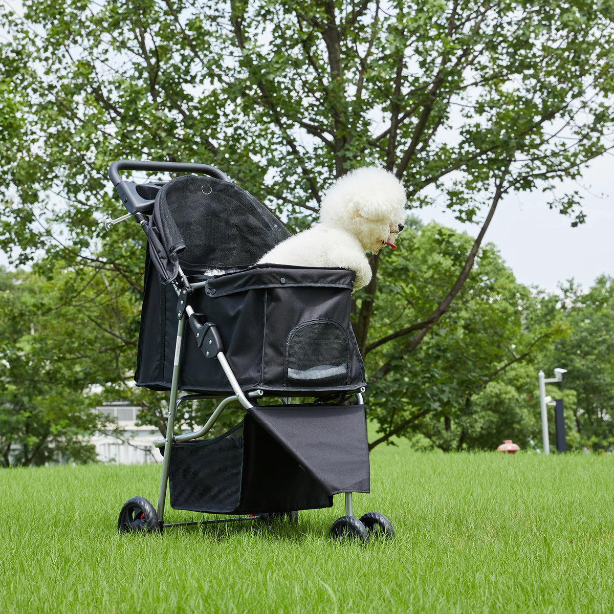 Foldable Three Wheel Pet Stroller With Mesh Vents Storage Basket
