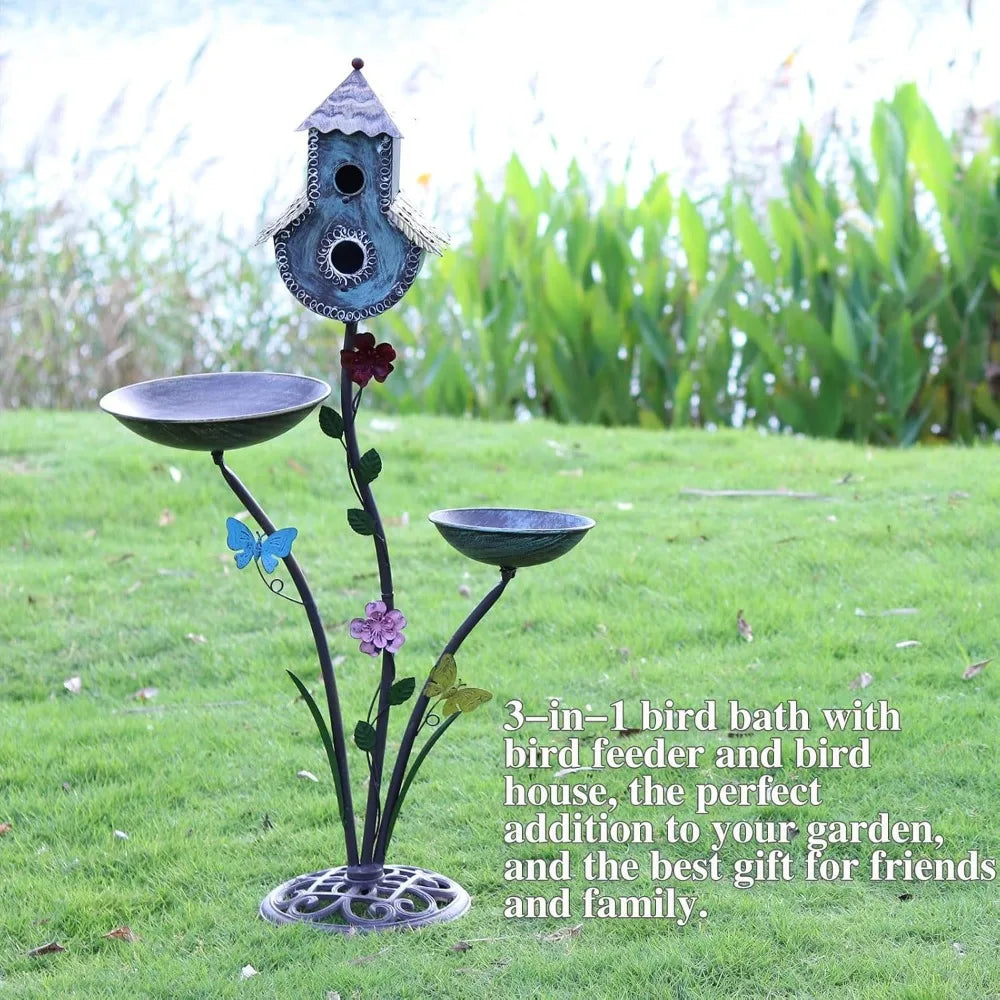Durable 38" Metal Birdbath With Integrated Bird Feeder And Houses For Garden