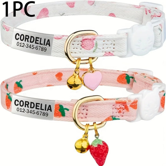 Personalized Engravable Dog Collar With Strawberry Heart Pattern ID Tag