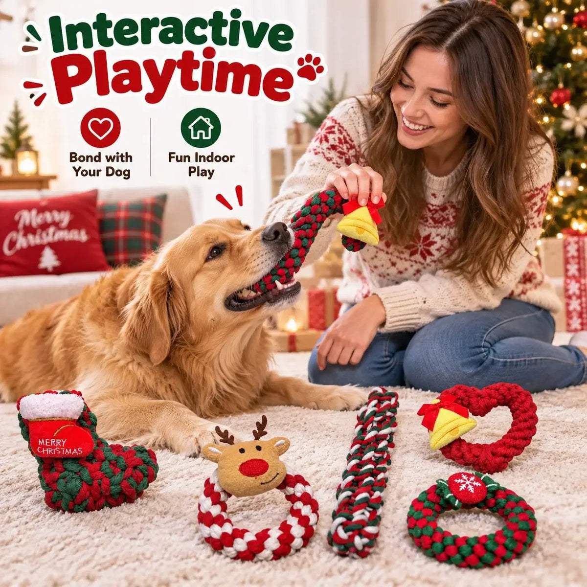 Christmas Dog Cotton Rope Knot Toy for Chewing and Play